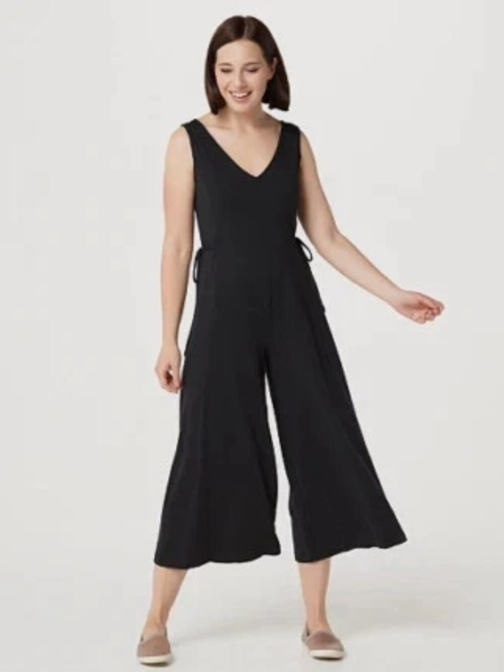 AnyBody Tall Cozy Knit Wide-Leg Jumpsuit-Blck-Tall Small-New-A354736